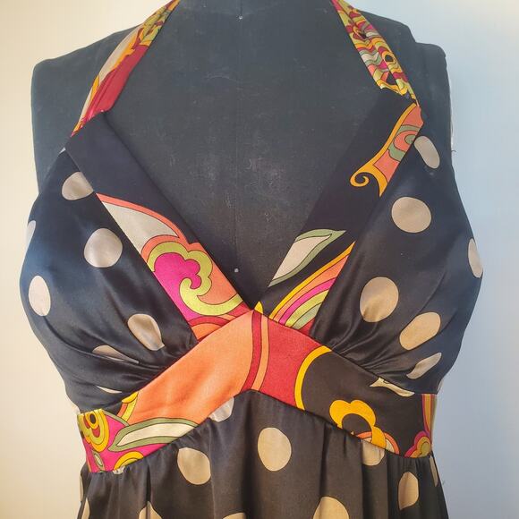 OC by OC Oleg Cassini Sz 6 Silk Halter Dress Black Polka Dot Floral Self Slip - Picture 3 of 11